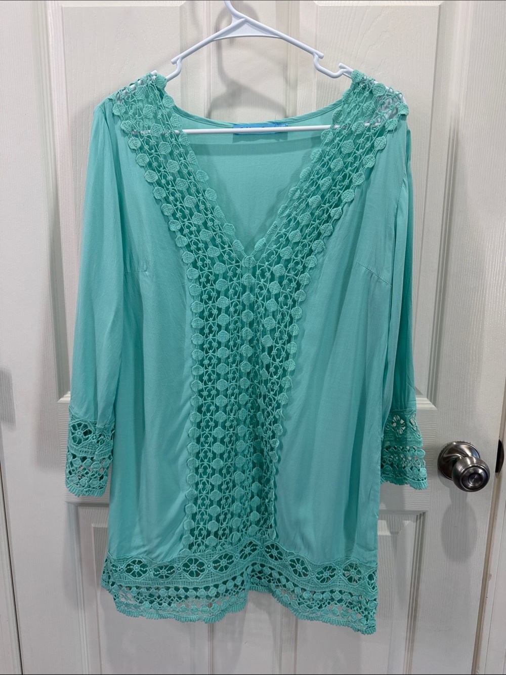 Crochet-Trim Aqua V-Neck Swim Coverup